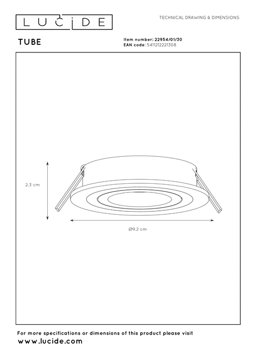 Lucide TUBE - Einbaustrahler - Ø 9,2 cm - 1xGU10 - Schwarz - technisch